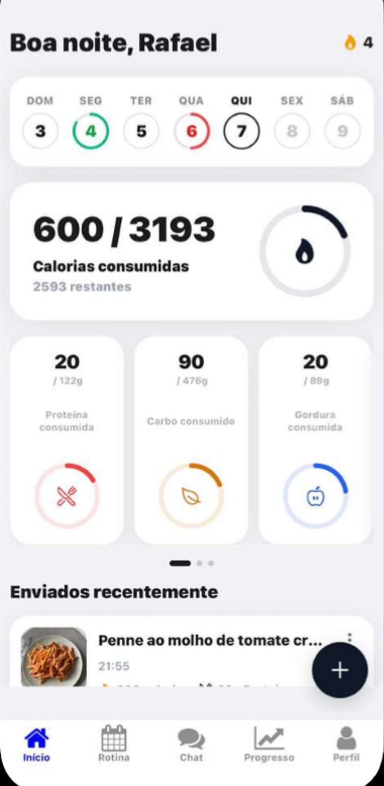 Tela inicial da IALIFE com calorias e macronutrientes do dia